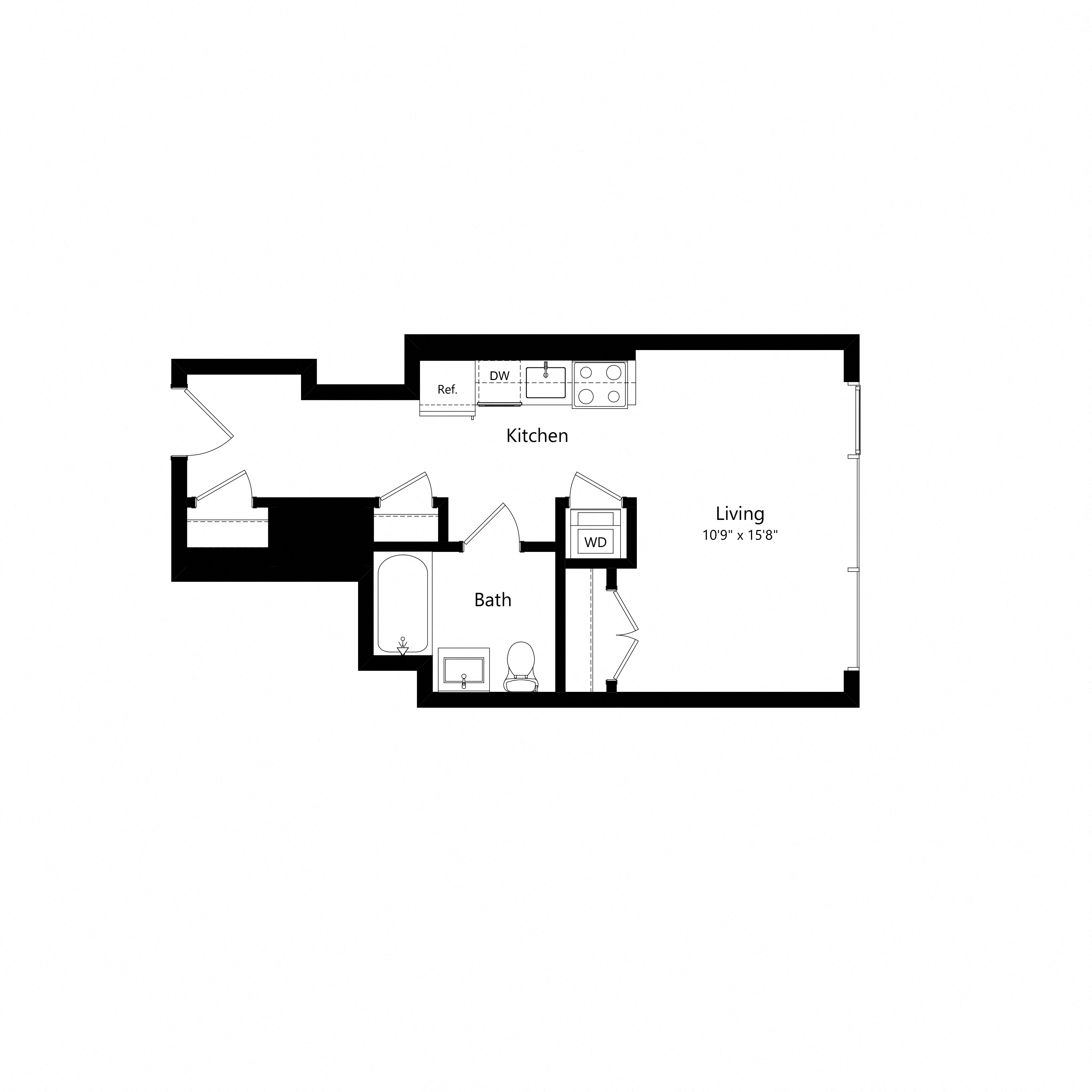 Floor plan for studio, 1 bath, 411 sqft